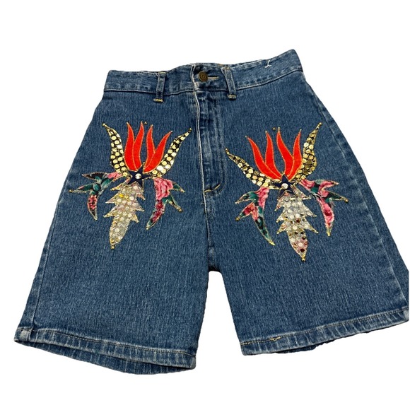 Rare Vintage Watch LA Blue Denim High Waisted MOM Jean Shorts 7/8 Boho Festival - Picture 11 of 12